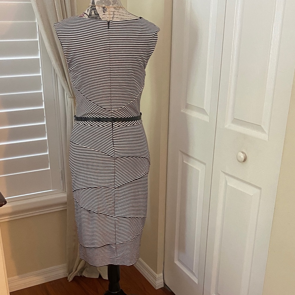 White House Black Market Black White Striped Sheath Dress Belted Size 6 - Picture 5 of 10